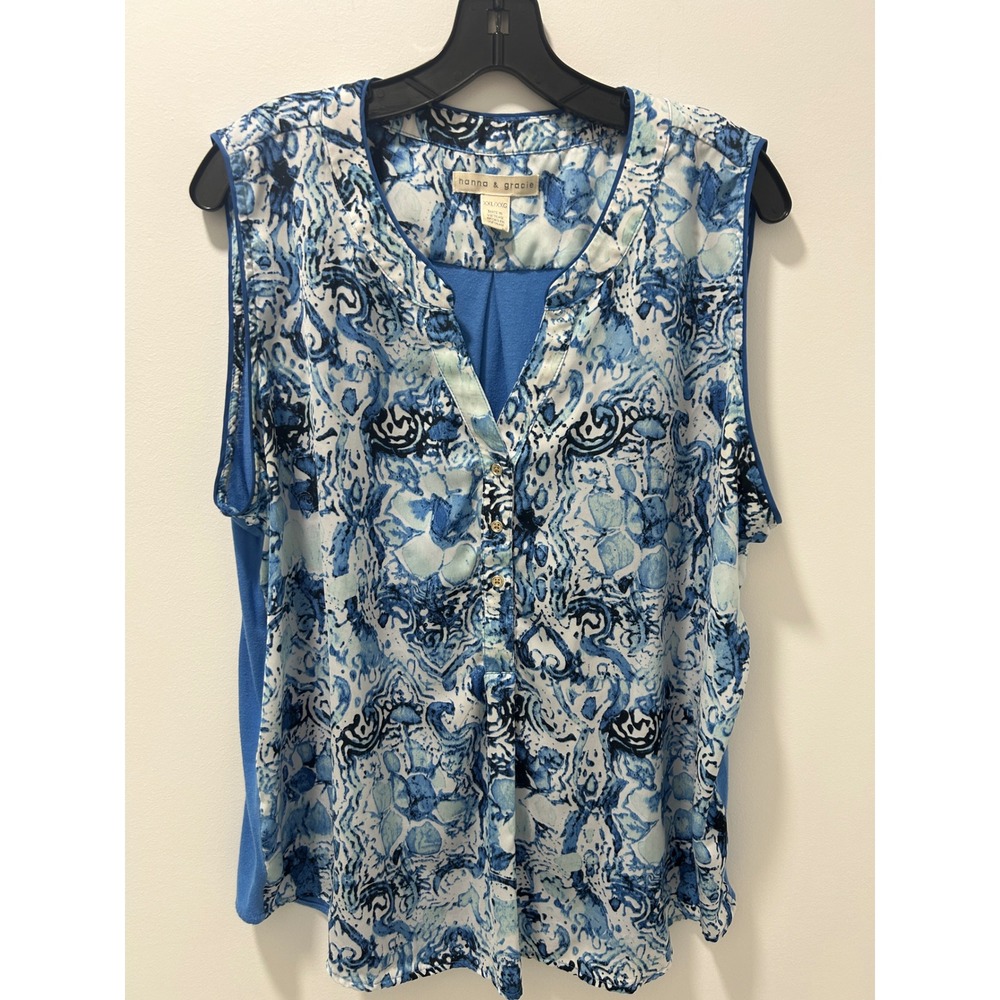 Hanna & Gracie Womens XXL Blue White Abstract Paisley Mixed Media Sleeveless Top